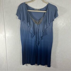 Unity World Wear Blue Ombre Blouse Necklace Accent V-neck Ruffles Sleeveless